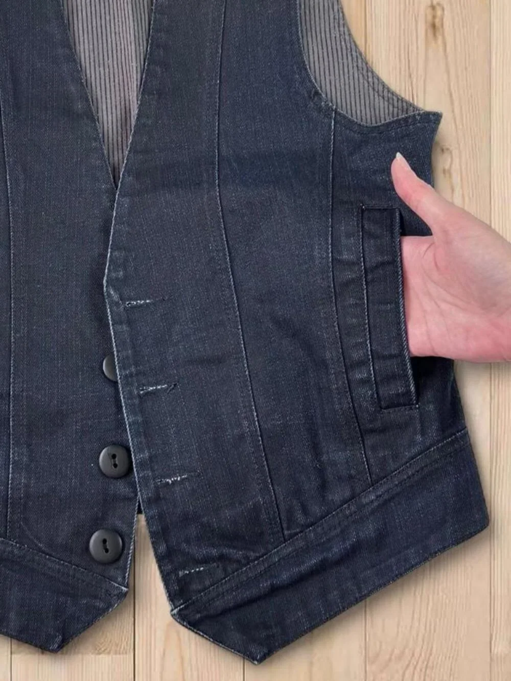 Heritage 1981 Mens Medium black denim vest with gray pinstripe lining // Unisex